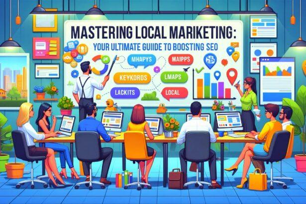 A colorful cartoon-style image depicting the theme 'Mastering Local Marketing_ Your Ultimate Guide to Boosting Local SEO