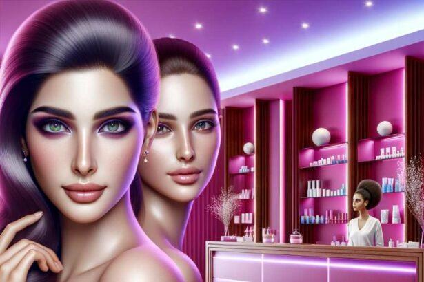 A_photorealistic_image_of_a_modern_salon_reception_hall_featuring_two_beautiful_Indian_women_The_background-is_a_vibrant_magenta_color_background