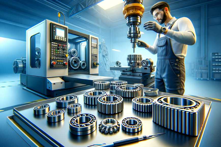 an_image_of_an_industrial_setting_with_a_focus_on_bearings_The_scene_includes_a_skilled_worker_fitting_a_bearing_onto_a_CNC_machine