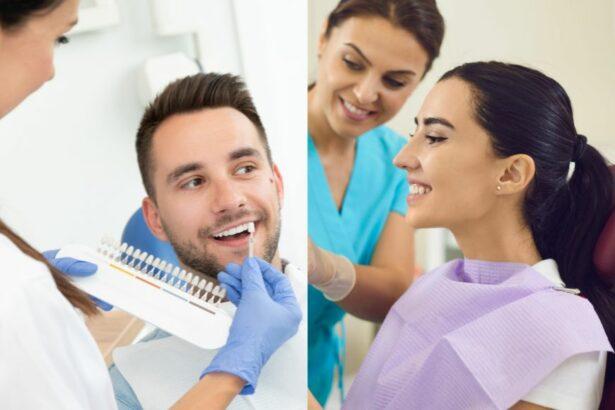 Dentist_comparing_patients_teeth_shade_with_samples_for_whitening_treatment__Happy_female_patient_receiving_dental_consultation