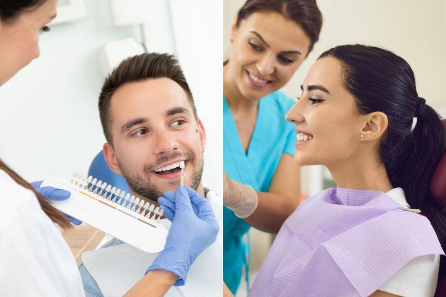 Dentist_comparing_patients_teeth_shade_with_samples_for_whitening_treatment__Happy_female_patient_receiving_dental_consultation