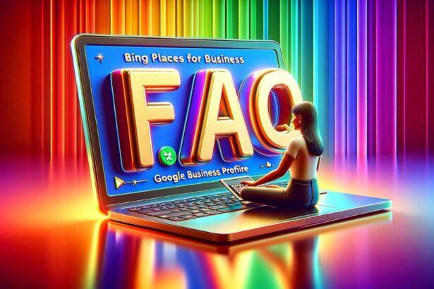FAQ_on_Laptop_in_3D_with_Multicolor_Gradient_Background_and_Google_and_Bing_Places-profile-letters_at_the_top_and_bottom