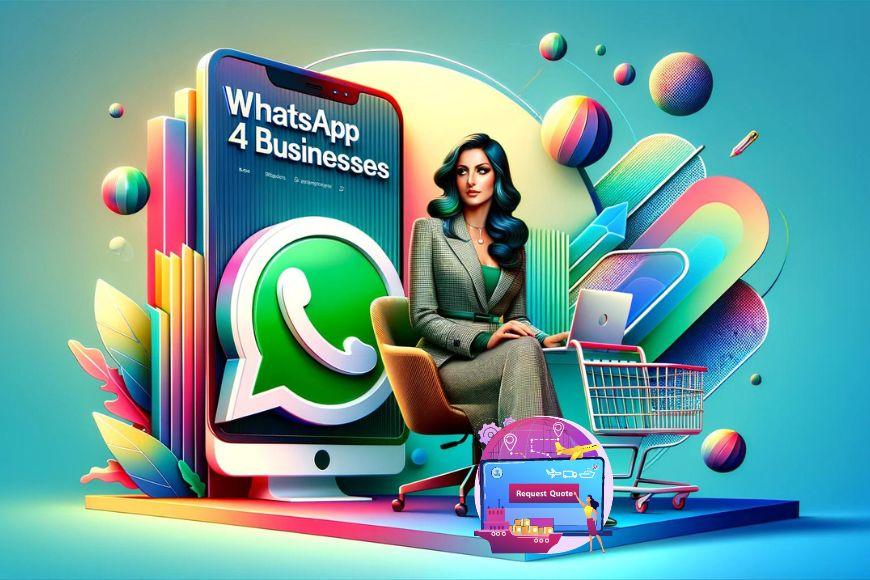 a_hero_image_featuring_a_big_3D_WhatsApp_icon_a_shopping_cart__a_beautiful_woman_in_a_modern_dress_sitting_in_front_of_computer_on_the_right_side_of_the_icon_and_a_multicolor_gradient_background