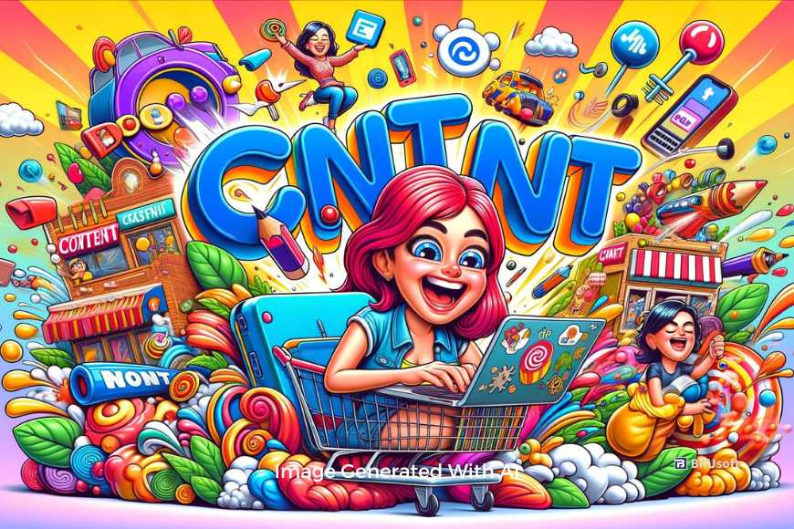 A_cartoon_image_that_captures_the_essence_of_content_marketing_In_the_center_a_cart_and_letters_content_in_3D_letters