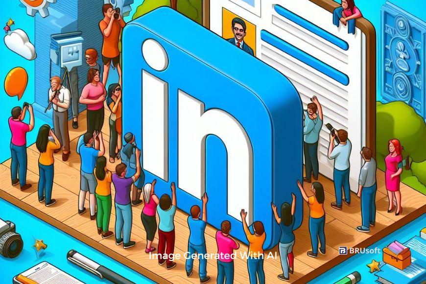 Professionals Networking on LinkedIn: Diverse Group Engaging with the Iconic LinkedIn Logo in a Colorful, Illustrated World