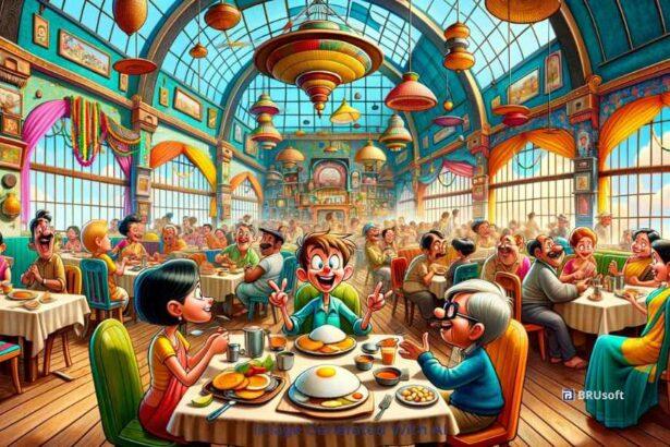 a_cartoon_scene_in_a_bustling_restaurant_where_animated_characters_are_gathered_around_tables_enjoying_the_traditional_South_Indian_food_like_idly_and_dosas