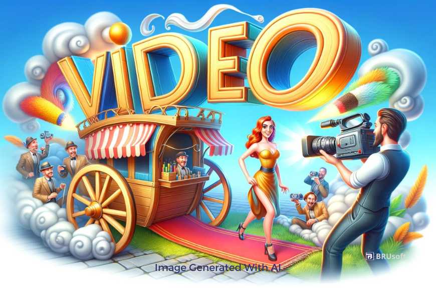 a vibrant scene with a beautiful woman, a man shooting video, and the word "VIDEO" in 3D letters in Cartton Style