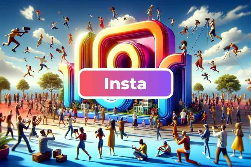 digital art piece featuring the vibrant, three-dimensional letters 'Insta' at the center, exuding a lively, modern feel. Surrounding these are people with smartphones