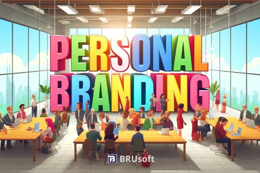 cartoon-style illustration featuring 'Personal Branding' in bold, colorful 3D letters In an office setting