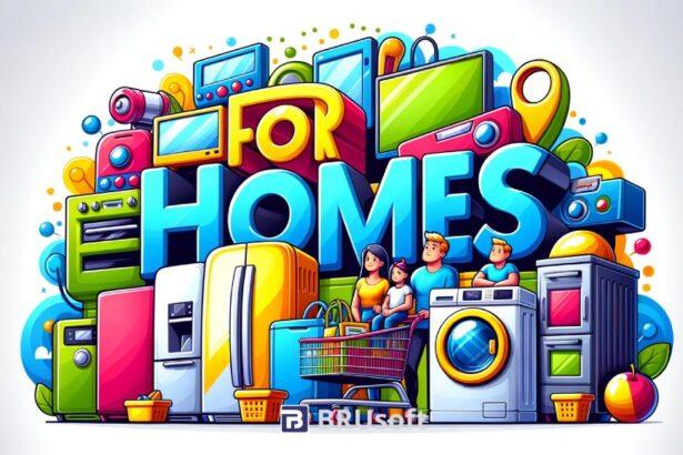 A_colorful-cartoon-style_image_letters_For_Homes_in_3D_and-a_family_surrounded_by_home_Electronics