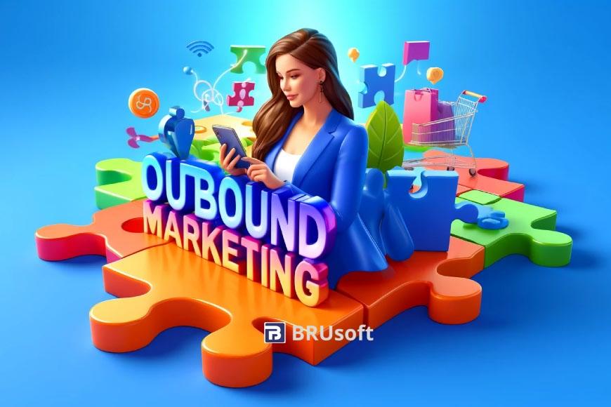 A digital vector art illustration depicting the theme of out bound marketing. The image features the letters 'OUTBOUND MARKETING' in vibrant, colorful 3D