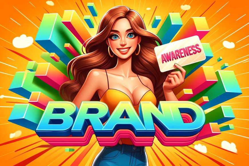 A_radiant_cartoon_woman_presents_an_Awareness_card_complementing_the_bold_multicolored_3D_text_BRAND_set_against_a_dynamic_sunny_backdrop