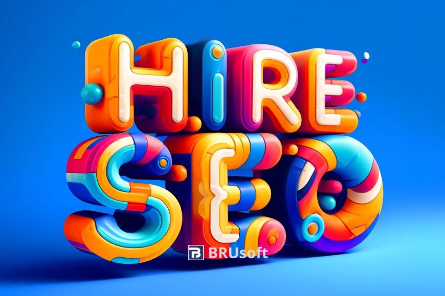 A vibrant 3D, cartoon-style illustration showing the letters 'Hire An SEO' depicted in colorful, bold, and dynamic characters