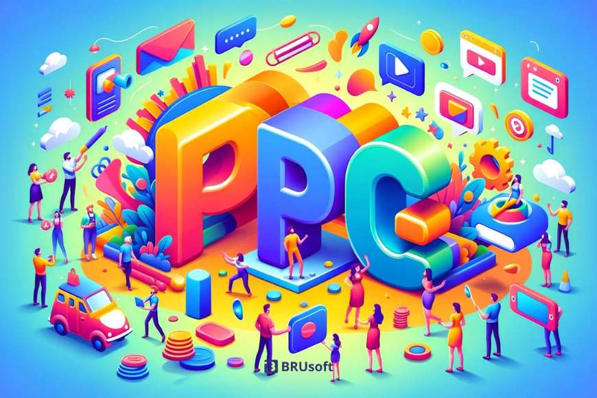 An_illustration_featuring_vibrant-and_colorful_characters_engaging_with_giant_3D_PPC_letters