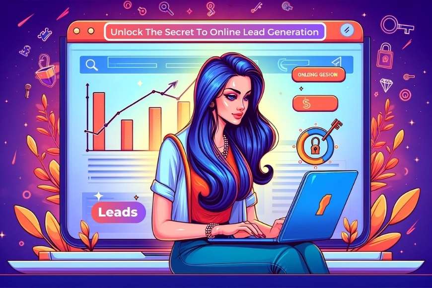Cartoon Image of a Woman Using Laptop for Online Lead Generation