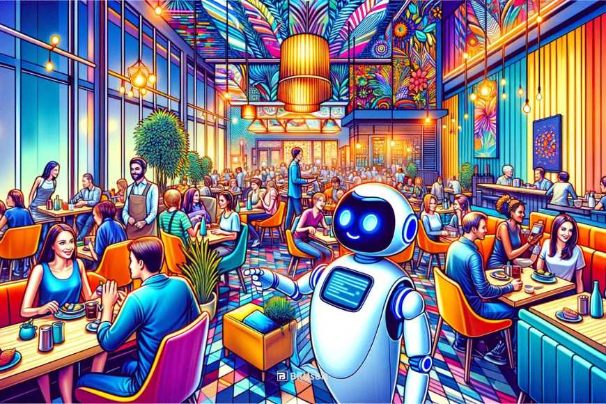Cartoon_style_images_of_the_lively_modern_restaurant_scene_with_an_AI_chatbot_interacting_with_diners