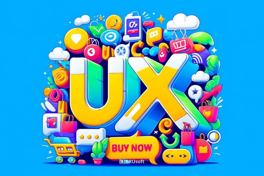 Colorful, 3D text 'UX' surrounded by whimsical icons symbolizing a seamless and playful shopping experience online