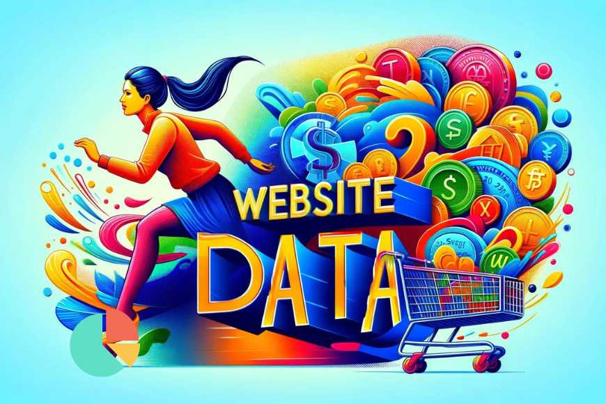Dynamic Digital Shopping Cart Overflowing with Website Data and Financial Symbols Illustration