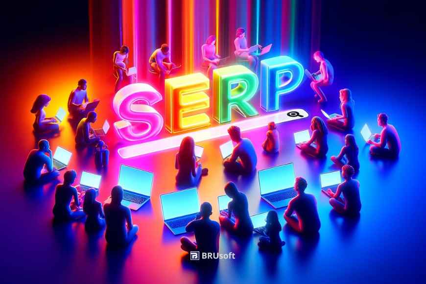 Two groups of focused individuals engage with laptops against a backdrop of 'SERP' in vibrant neon lights and a colorful gradient, merging technology with teamwork in a dynamic scene.