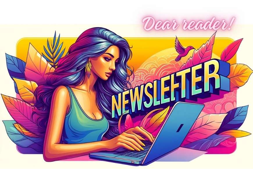 Vector art style image featuring a vibrant, colorful scene with a beautiful woman writing on a laptop. The word 'Newsletter' is prominently displayed