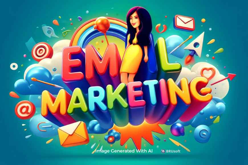 a colorful and dynamic illustration featuring "Email Marketing" in vibrant 3D letters with a cartoon-style woman alongside