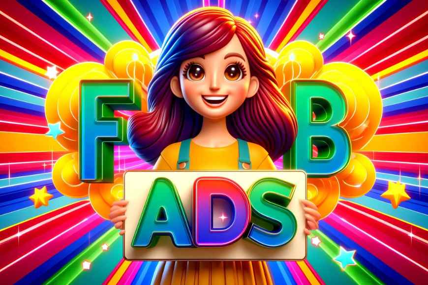 a cartoon-style woman_holding_the_card_image featuring the letters _FB Ads_ in_vibrant_3D_typography