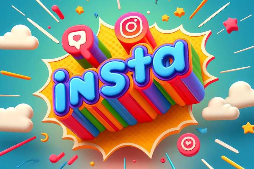 a cartoon style illustation featuring the word Insta in vibrant multicolored 3D letters