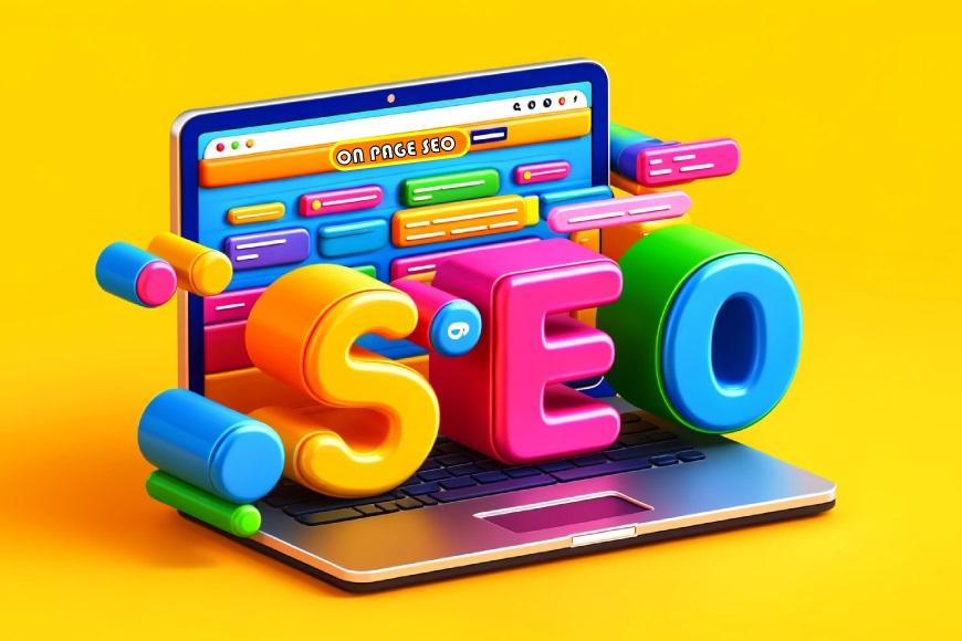 A cartoon style vibrant 3D letters that spell out "On Page SEO" above a laptop displaying a colorful webpage