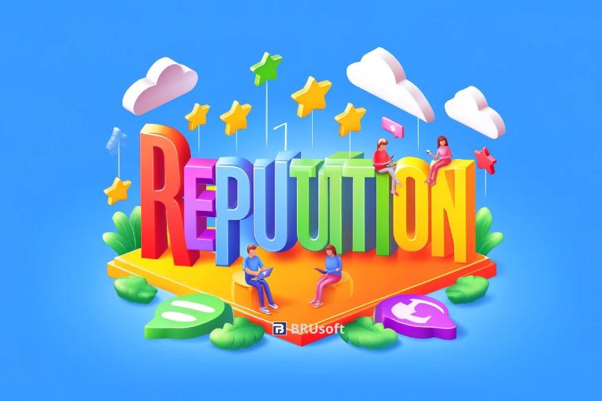 cartoon_style_the_word_REPUTATION_in_3D_letters_and_people_using_mobile_phones_colorful_stars_and a_3D-style_platform