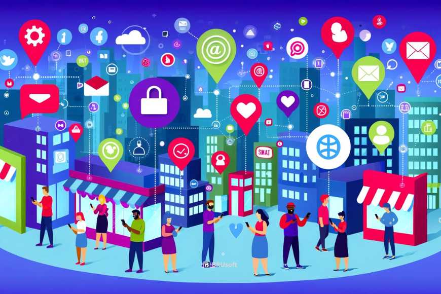 dynamic illustration depicts a digital cityscape with various digital touchpoints and diverse small business owners interacting with these elements