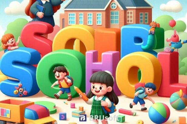 Illustration-of_a_cartoon_style_letters_School_in_vibrant_3D_children_playing_happily_in_a_school_ground