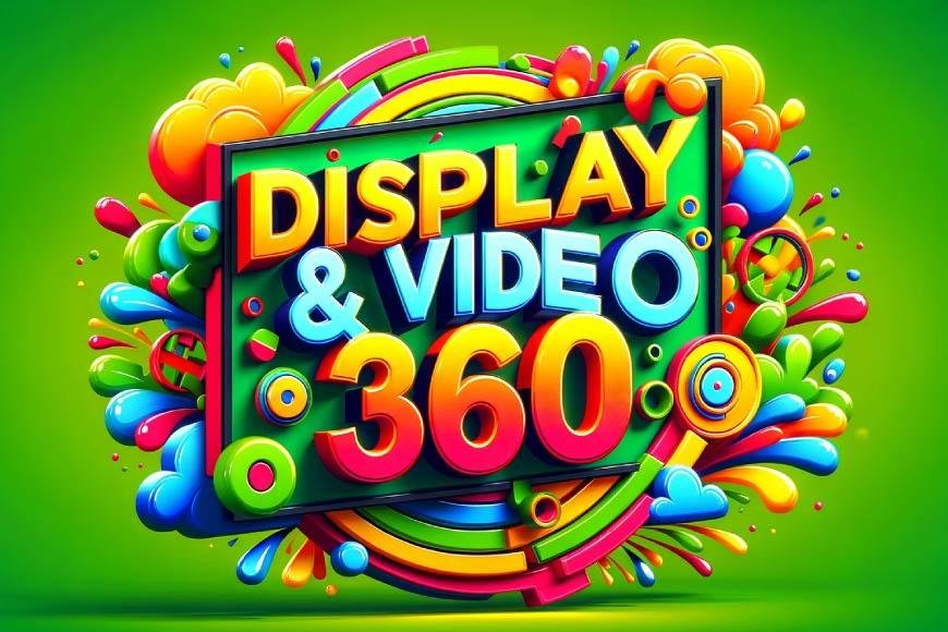 cartoon-style image with a green background featuring the words 'Display & Video 360' in vibrant 3D letters_in a Green Background