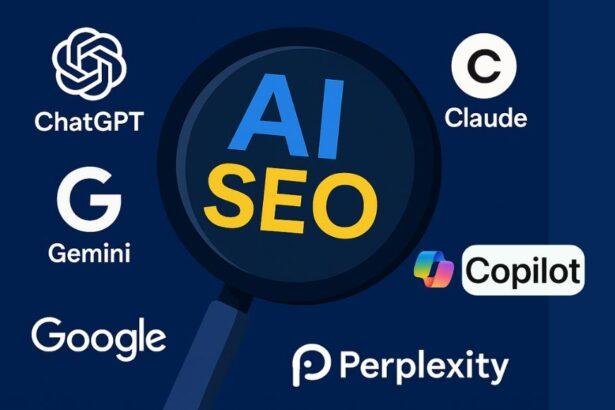 AI SEO strategy illustration featuring ChatGPT, Claude, Gemini, Perplexity, Copilot, and Google logos surrounding a magnifying glass with the text “AI SEO”