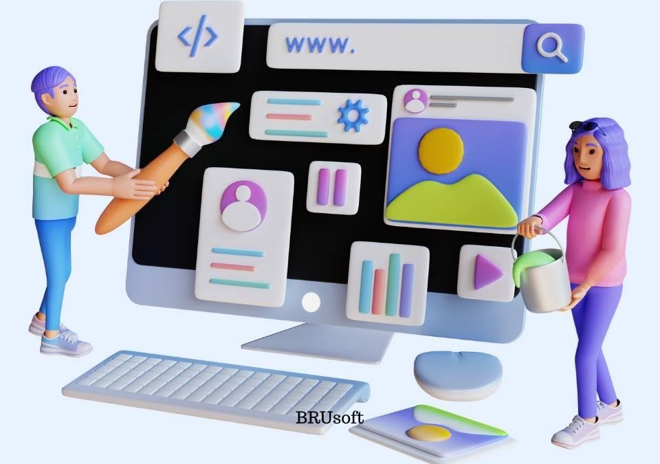 3D illustration of a man and woman designing a website with icons, graphics, and color tools on a large monitor screen