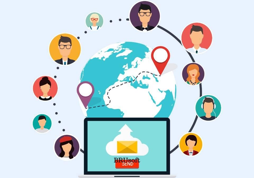 Illustration of global digital marketing showing email outreach from a laptop to diverse user icons around a globe