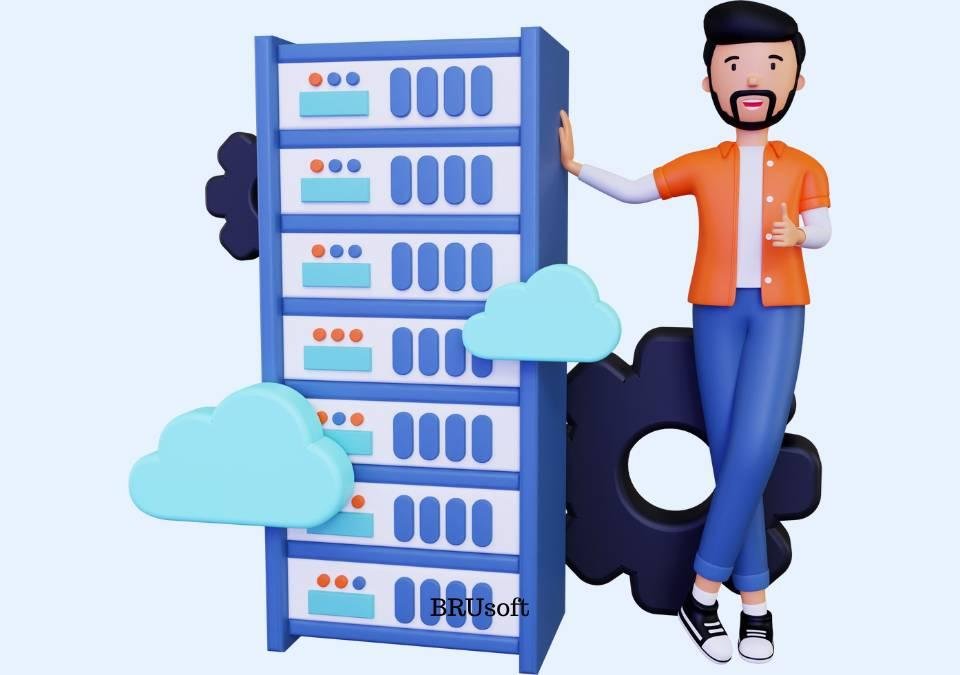 3D illustration of a man standing next to a cloud server rack with floating clouds and gear icons