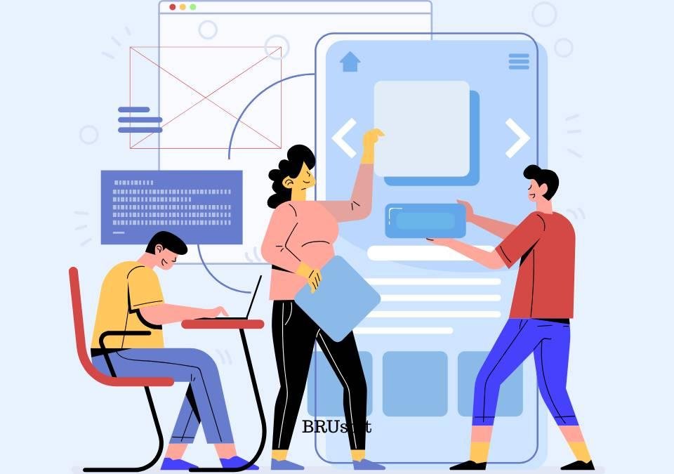 Illustration of a design team working on website development and UI/UX design with a large mobile interface mockup