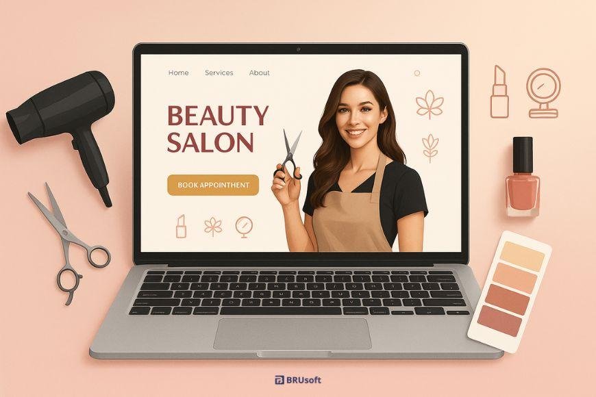 Beauty salon website mockup on laptop with smiling hairstylist holding scissors and surrounding beauty tools on pink background