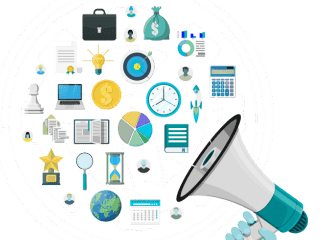 Digital marketing strategy illustration with business icons and megaphone