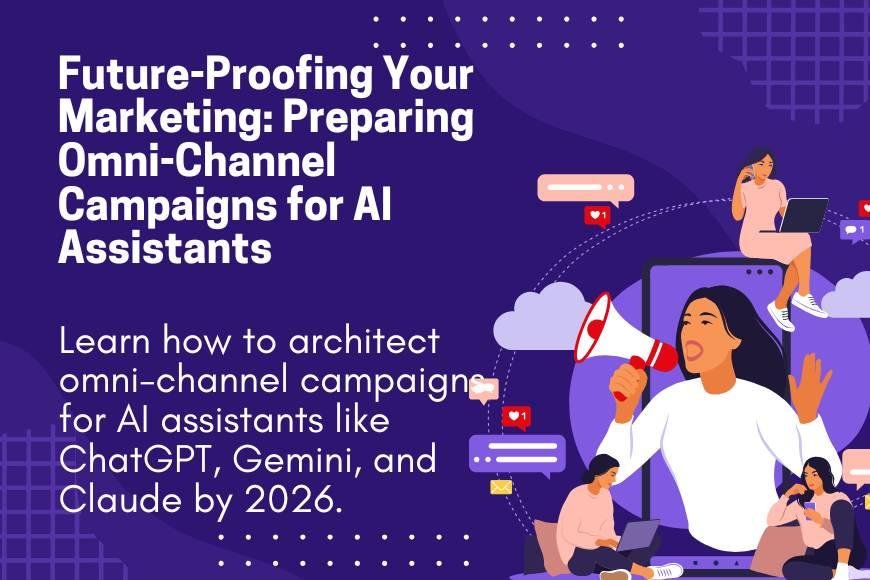 Stylized illustration of a woman holding a megaphone surrounded by team members on laptops, chat bubbles and notification icons, representing future‑proofing omni‑channel marketing for AI assistants