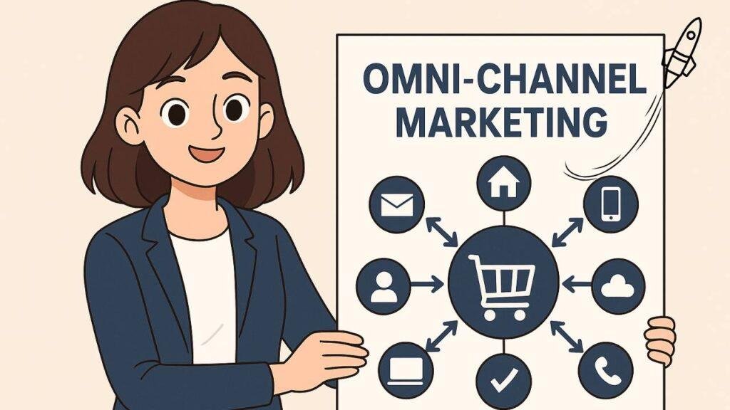 Cartoon woman presenting an omnichannel marketing strategy with icons