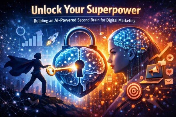 AI-powered second brain concept showing a digital brain unlocked by a key, symbolizing artificial intelligence enhancing digital marketing strategy, productivity, and insights