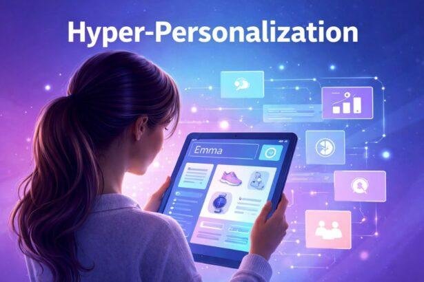 Woman viewing personalized content on a tablet, representing AI-powered hyper-personalization in digital marketing