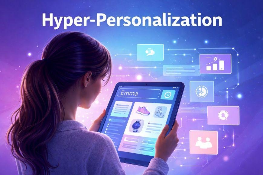 Woman viewing personalized content on a tablet, representing AI-powered hyper-personalization in digital marketing
